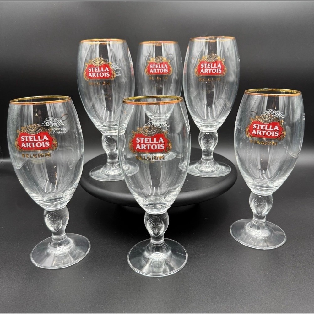 Stella Artois Gold Rim Beer Glasses Set of 6 Stemmed Chalice 40cl Belgium Logo